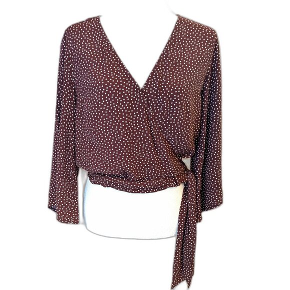 Abercrombie & Fitch | Burgundy Polka Dot Surplice ¾ Sleeve Blouse Top | Small - Picture 2 of 11